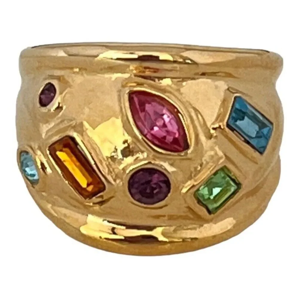 Vintage 1980s Ring Size 8 DG Multi Color CZ Wide Gold Plated Band - 14T
